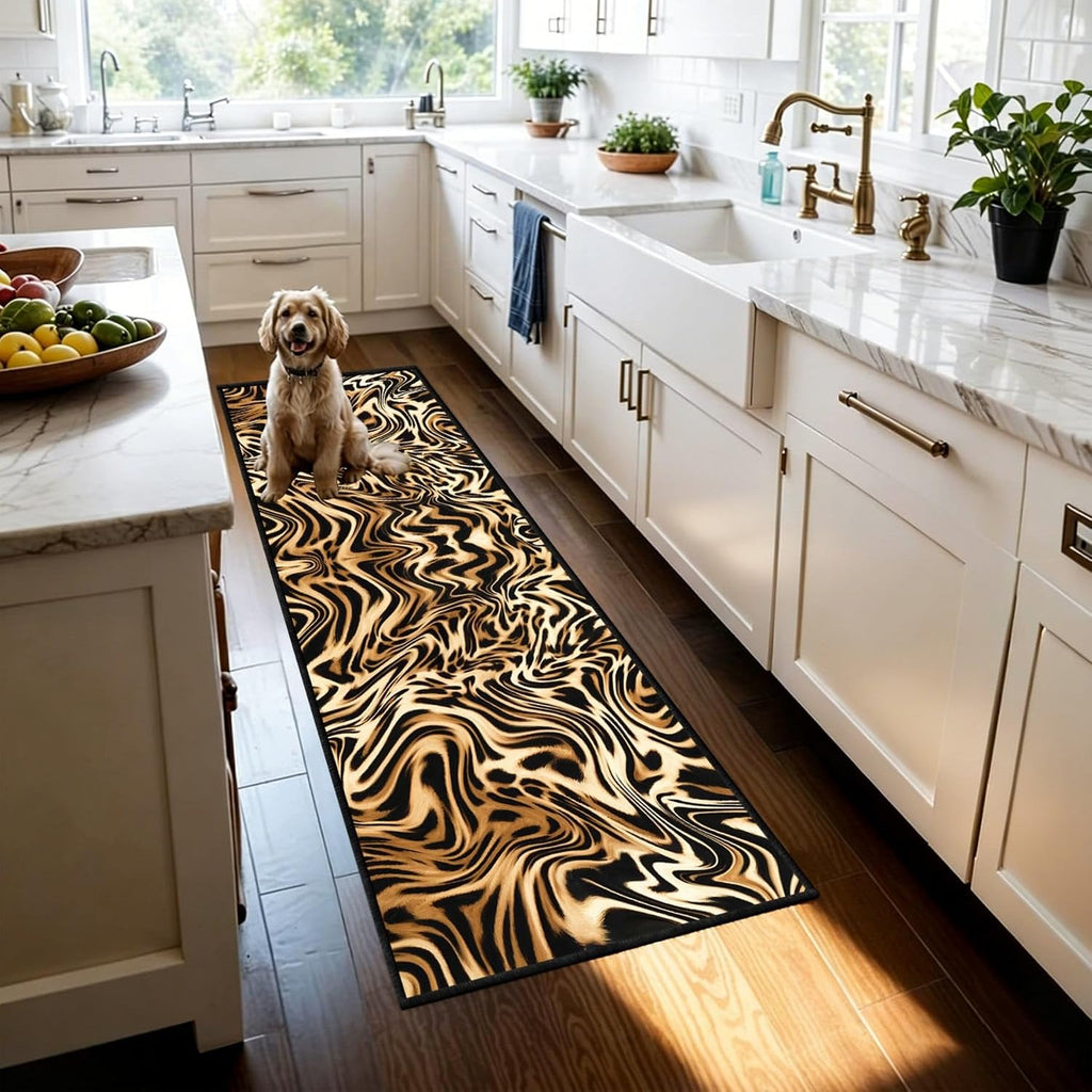 Tiger Stripe Washable Runner Rugs,2x8ft,Black Yellow with TPR Rubber Backing Non Slip Runner Rug for Hallway Kitchen Thin Durable Pet Friendly Bedroom Western Long Bathroom Rug