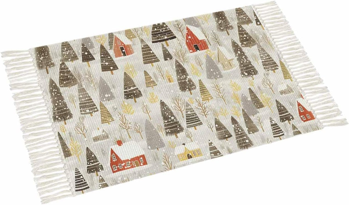 Christmas Rugs for Entryway 2x3 ft Winter Abstract Christmas Tree House Snow Yellow Small Area Rugs with Tassels Woven Floor Carpet Thow Mat for Front Door Indoor Entrance