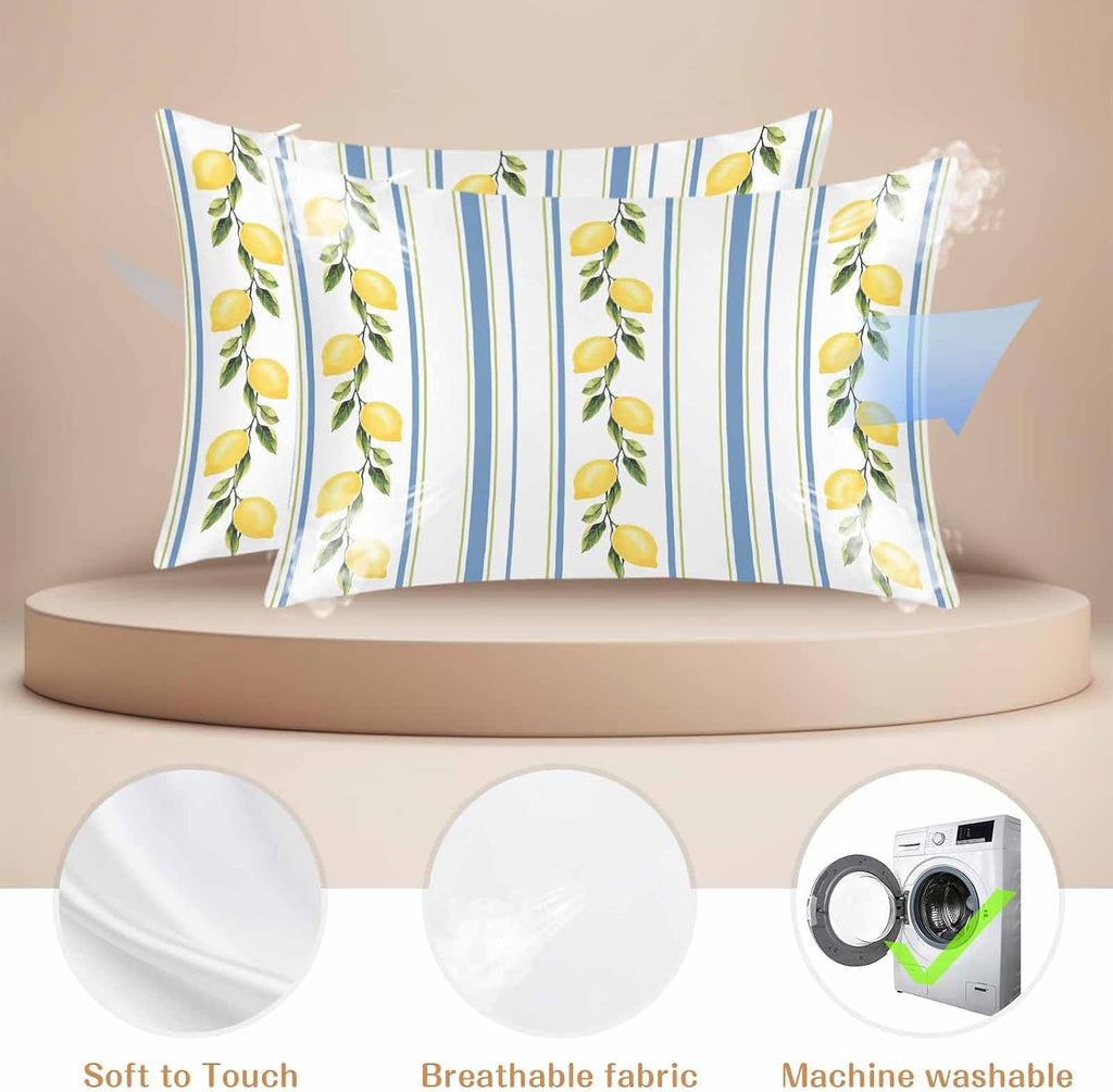 Lemon Striped Standard Pillowcase Set of 2, Yellow Fruit Blue White Satin Pillow Case Cover with Smooth Hidden Zipper Closure, Soft Throw Pillow Covers Cases for Home Decoration 20 X 26 Inches