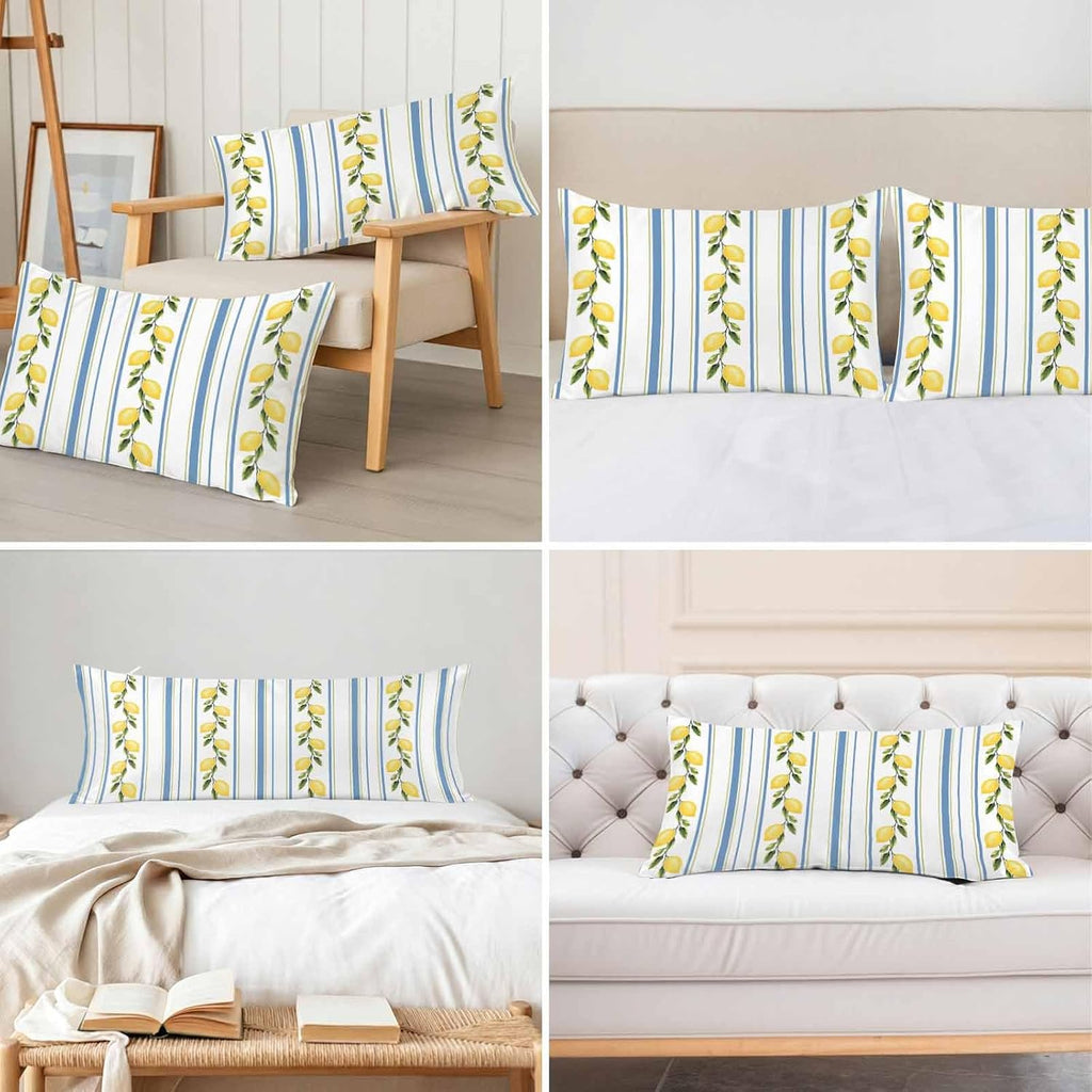 Lemon Striped Standard Pillowcase Set of 2, Yellow Fruit Blue White Satin Pillow Case Cover with Smooth Hidden Zipper Closure, Soft Throw Pillow Covers Cases for Home Decoration 20 X 26 Inches