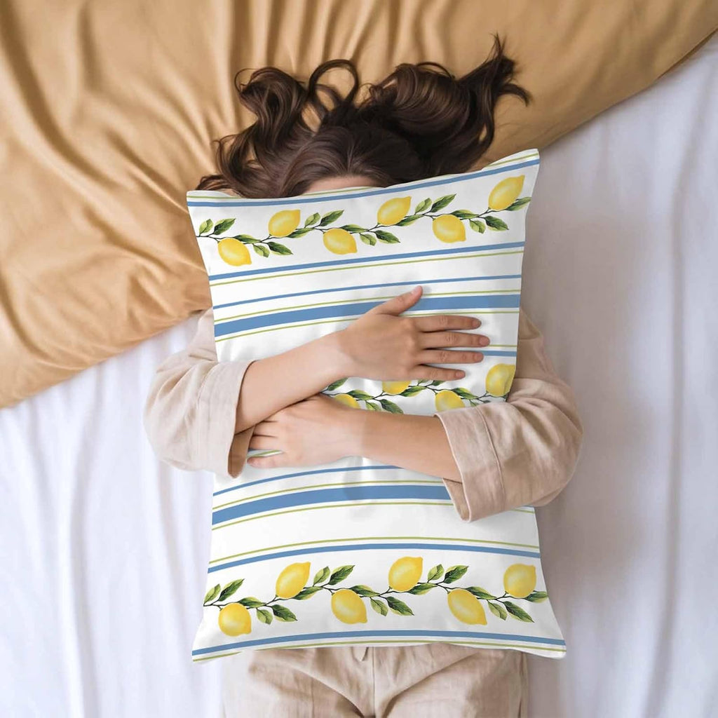Lemon Striped Standard Pillowcase Set of 2, Yellow Fruit Blue White Satin Pillow Case Cover with Smooth Hidden Zipper Closure, Soft Throw Pillow Covers Cases for Home Decoration 20 X 26 Inches