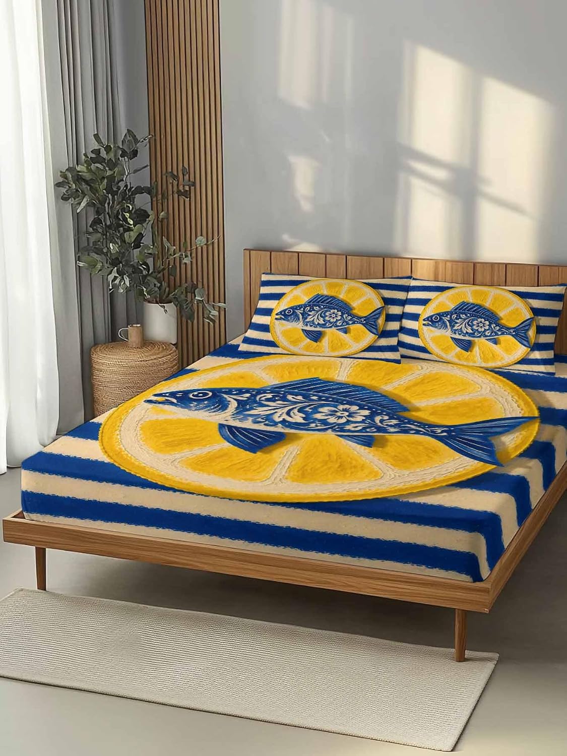 Fitted Sheets Elastic Deep Pocket Bed Sheet Twin XL Blue Fish Yellow Lemon Soft Brushed Microfiber Bed Sheets Set, Blue White Striped Mattress Cover Up Fitted Sheet Pillowcase for Bedroom