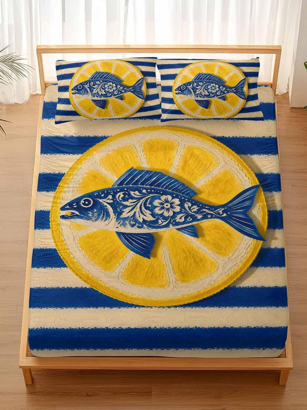 Fitted Sheets Elastic Deep Pocket Bed Sheet Twin XL Blue Fish Yellow Lemon Soft Brushed Microfiber Bed Sheets Set, Blue White Striped Mattress Cover Up Fitted Sheet Pillowcase for Bedroom