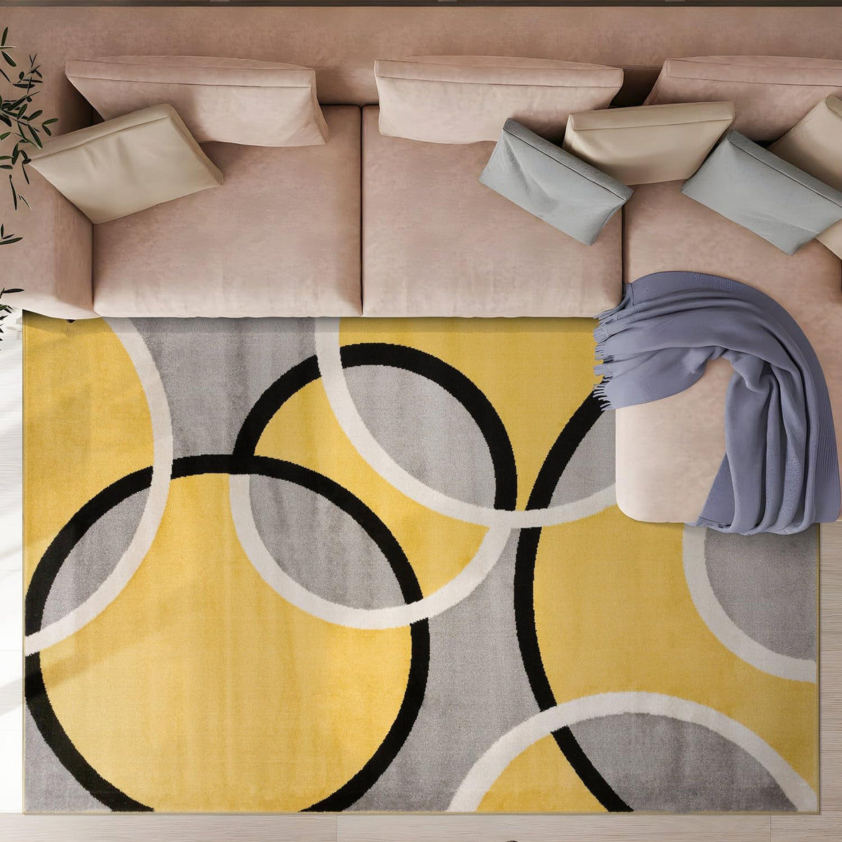 Abstract Circles Contemporary Living Room Area Rug Yellow 6'6" x 9'