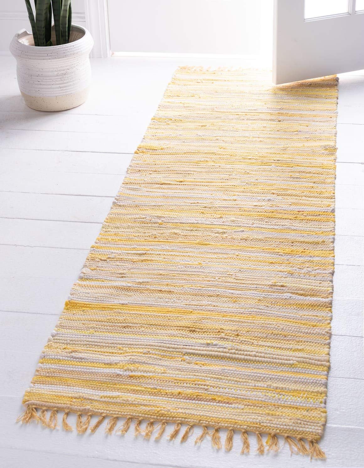 Chindi Cotton Collection Soft Hand Woven Natural Fiber Striped Area Rug, 2 ft 2 in x 6 ft 7 in, Yellow/Ivory