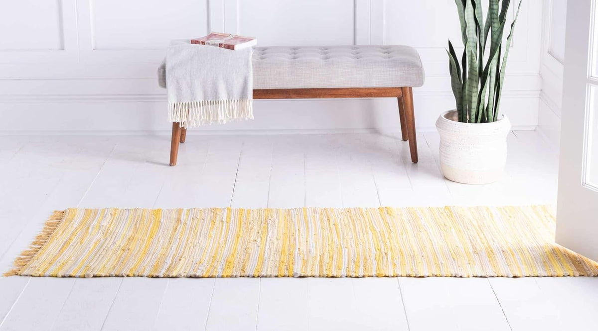 Chindi Cotton Collection Soft Hand Woven Natural Fiber Striped Area Rug, 2 ft 2 in x 6 ft 7 in, Yellow/Ivory