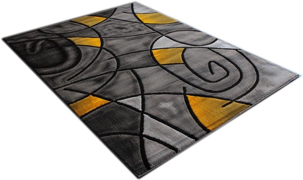 Modern Contemporary Area Rug, Yellow Grey Black (5 Feet X 7 Feet)