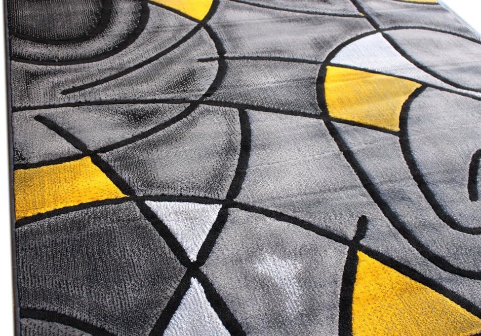 Modern Contemporary Area Rug, Yellow Grey Black (5 Feet X 7 Feet)