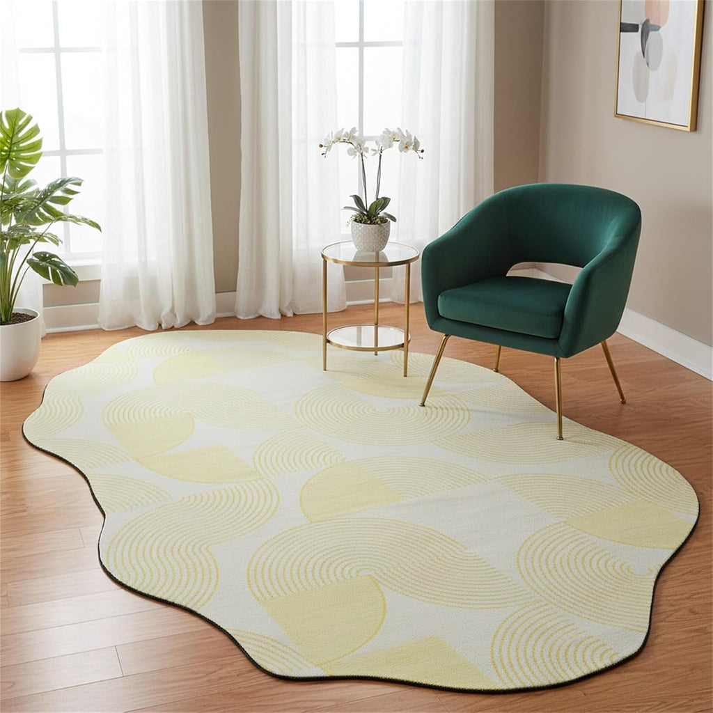 Modern Abstract Irregular Shaped Rug 2x3 Minimalist Geometric Striped Carpet for Livingroom Bedroom Diningroom Light Yellow Cream Indoor Large Rugs Soft Non Slip Thin Low Pile Home Office Floor Mat