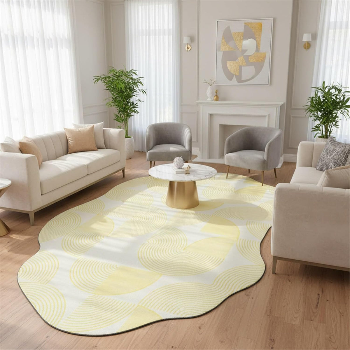 Modern Abstract Irregular Shaped Rug 2x3 Minimalist Geometric Striped Carpet for Livingroom Bedroom Diningroom Light Yellow Cream Indoor Large Rugs Soft Non Slip Thin Low Pile Home Office Floor Mat