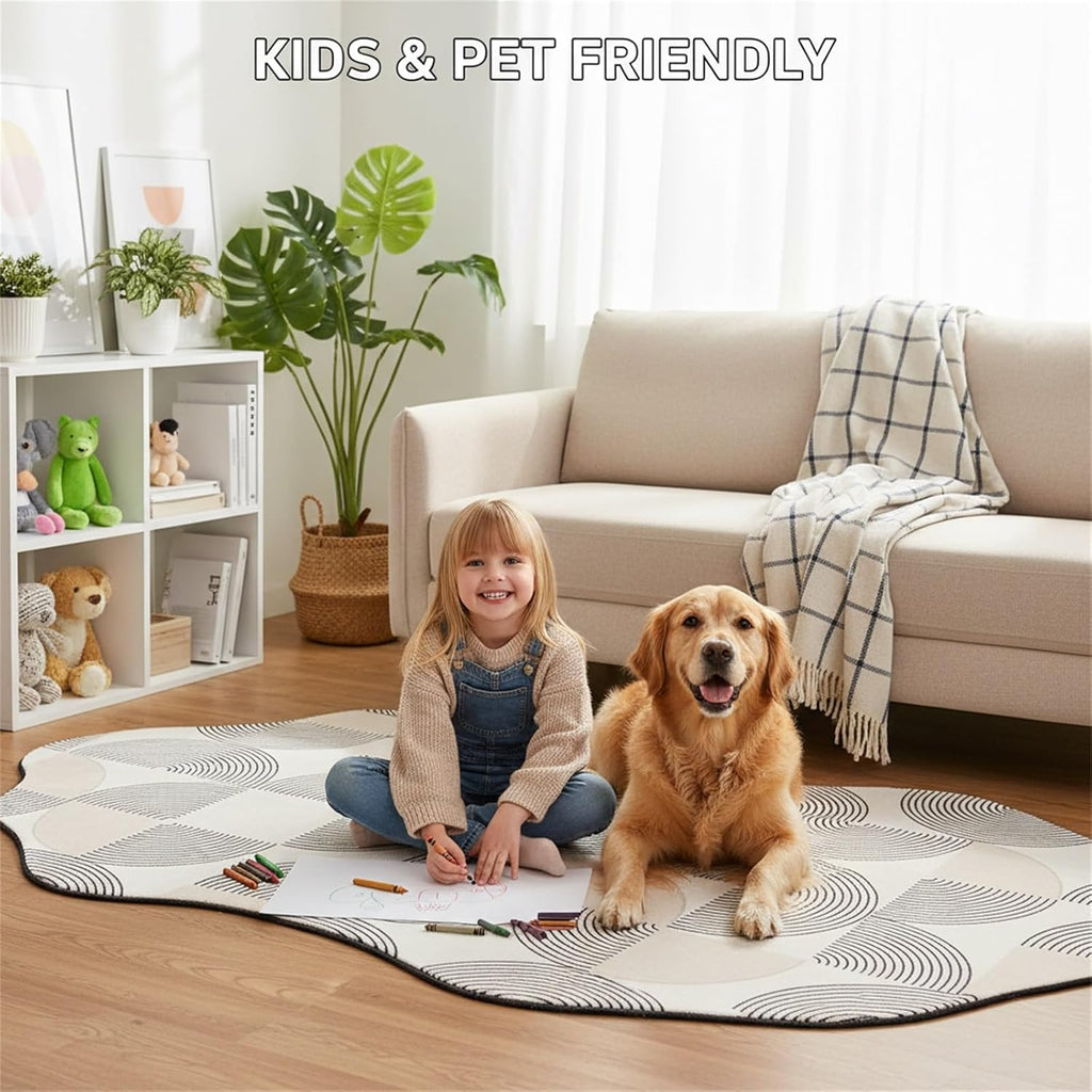 Modern Abstract Irregular Shaped Rug 2x3 Minimalist Geometric Striped Carpet for Livingroom Bedroom Diningroom Light Yellow Cream Indoor Large Rugs Soft Non Slip Thin Low Pile Home Office Floor Mat