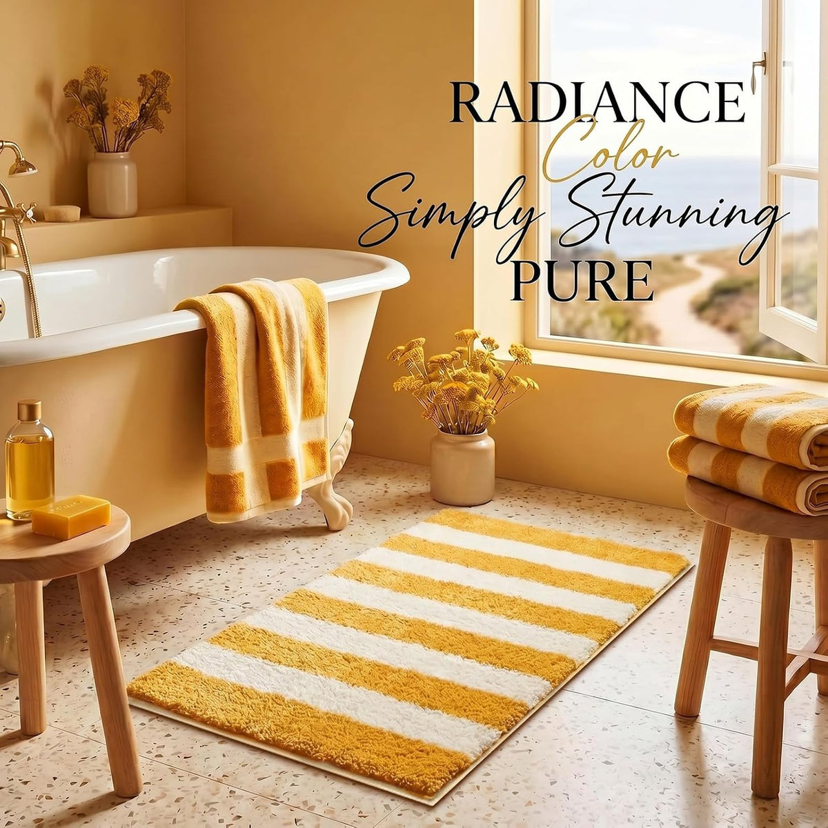 Yellow and White Striped Bathroom Rug, 24"x16" Absorbent Bath Mat
