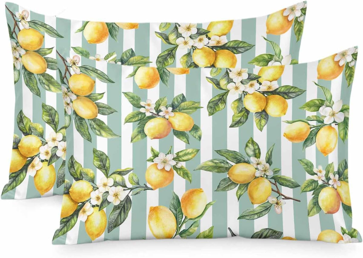 Yellow Lemon Pillow Cases Standard Size Set of 2, Spring Botanical Floral Leaves Aqua Stripes Satin Pillowcase with Zipper for Hair/Skin, Decorative Pillow Covers for Bed/Couch/Sofa, 20x26 Inches