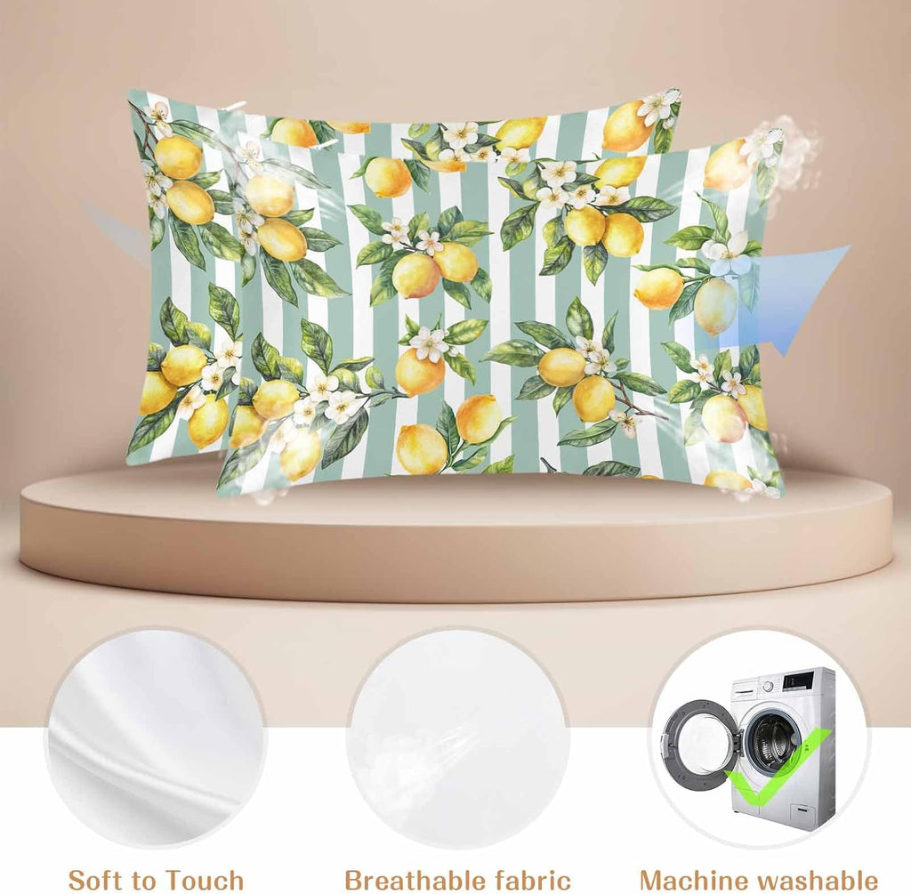 Yellow Lemon Pillow Cases Standard Size Set of 2, Spring Botanical Floral Leaves Aqua Stripes Satin Pillowcase with Zipper for Hair/Skin, Decorative Pillow Covers for Bed/Couch/Sofa, 20x26 Inches