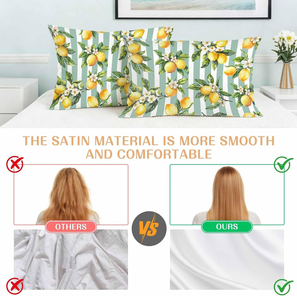 Yellow Lemon Pillow Cases Standard Size Set of 2, Spring Botanical Floral Leaves Aqua Stripes Satin Pillowcase with Zipper for Hair/Skin, Decorative Pillow Covers for Bed/Couch/Sofa, 20x26 Inches