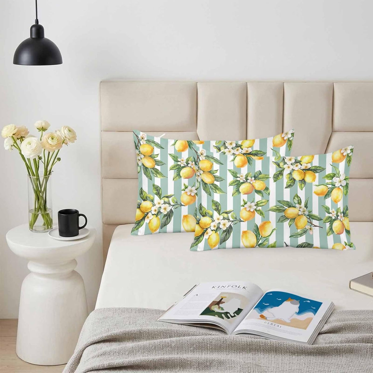 Yellow Lemon Pillow Cases Standard Size Set of 2, Spring Botanical Floral Leaves Aqua Stripes Satin Pillowcase with Zipper for Hair/Skin, Decorative Pillow Covers for Bed/Couch/Sofa, 20x26 Inches