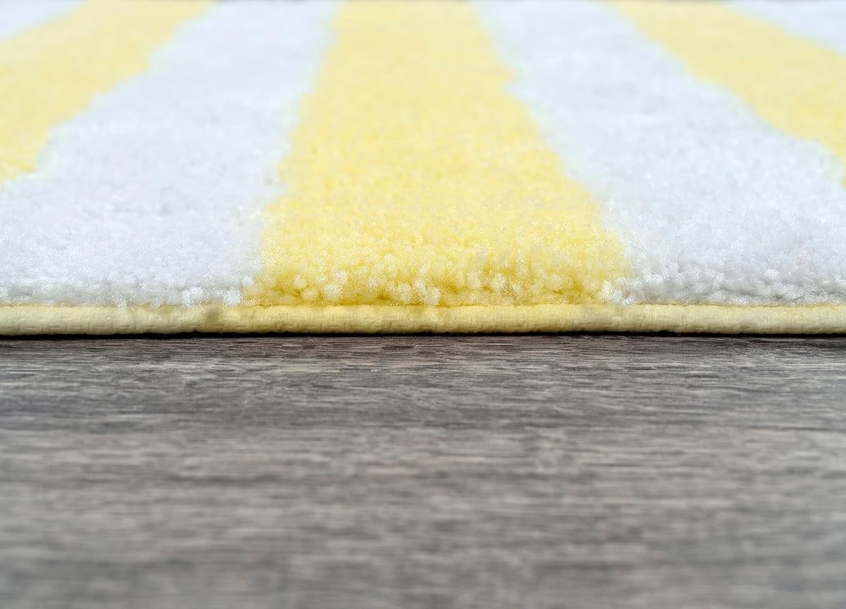 Beach Stripe Yellow Striped Washable Bath Rug – Non-Slip, Quick-Dry, Soft & Absorbent Bathroom Mat, Machine Washable, Coastal Décor (21" x 34")