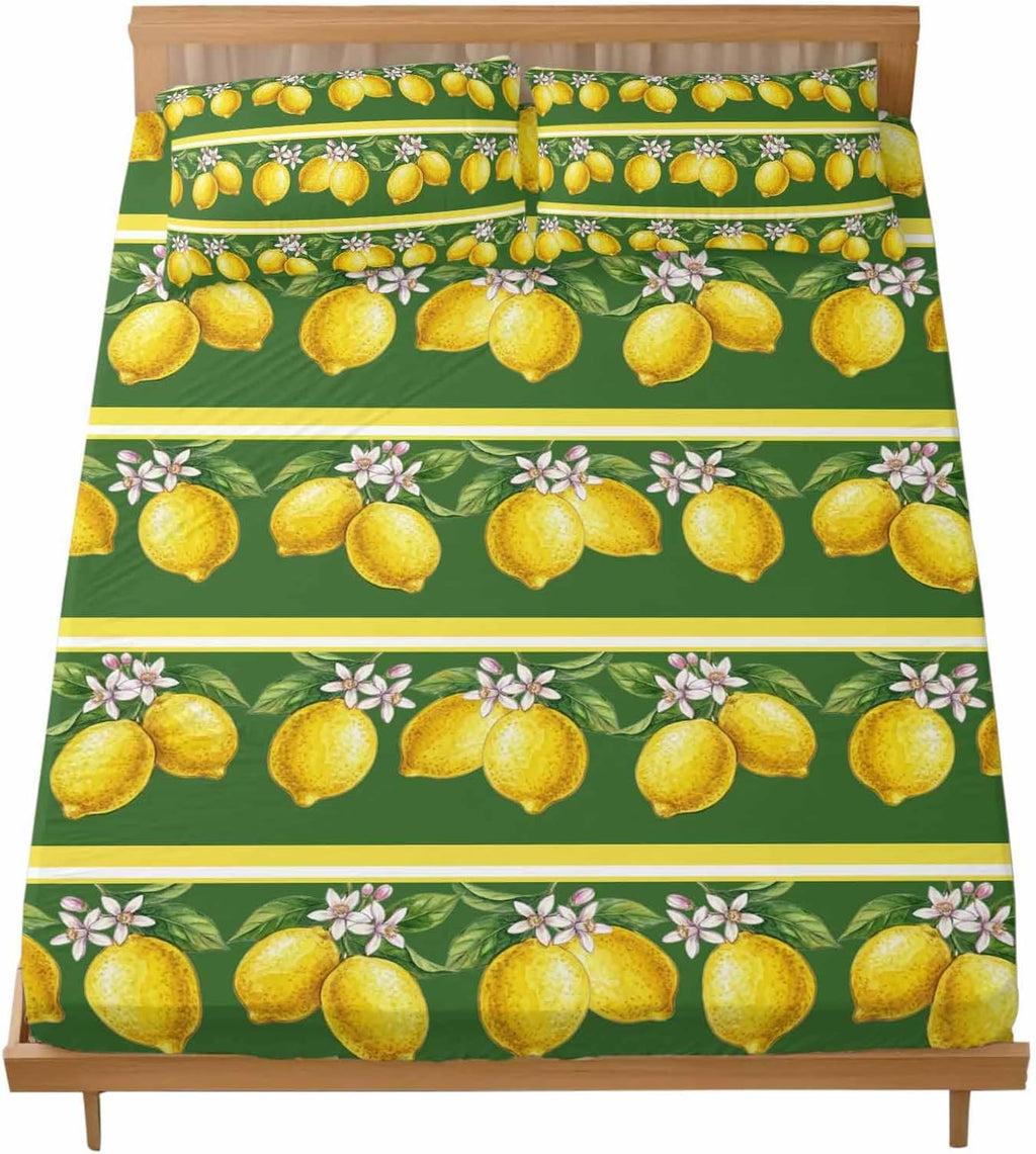 Twin XL Size Fitted Sheet Set - Lemon Summer 2 Piece Bedding Sets 16" Deep Pocket Fitted Sheet with 1 Pillowcases, Watercolor Fruits Green Yellow Stripes Brushed Microfiber Hotel Luxury Bed Sheets