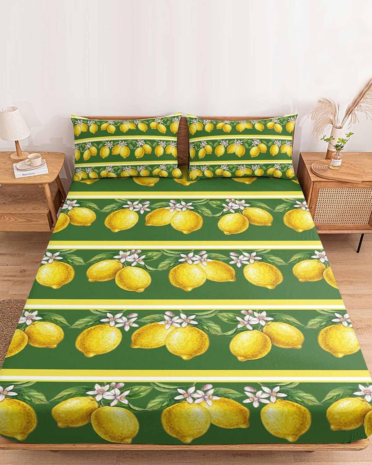 Twin XL Size Fitted Sheet Set - Lemon Summer 2 Piece Bedding Sets 16" Deep Pocket Fitted Sheet with 1 Pillowcases, Watercolor Fruits Green Yellow Stripes Brushed Microfiber Hotel Luxury Bed Sheets