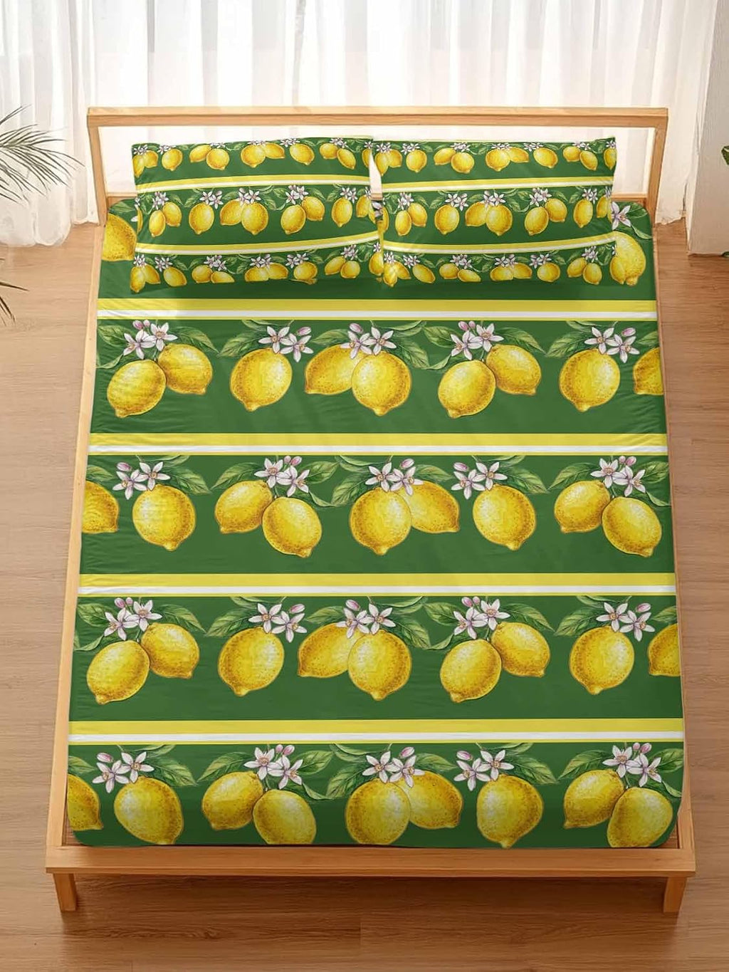 Twin XL Size Fitted Sheet Set - Lemon Summer 2 Piece Bedding Sets 16" Deep Pocket Fitted Sheet with 1 Pillowcases, Watercolor Fruits Green Yellow Stripes Brushed Microfiber Hotel Luxury Bed Sheets