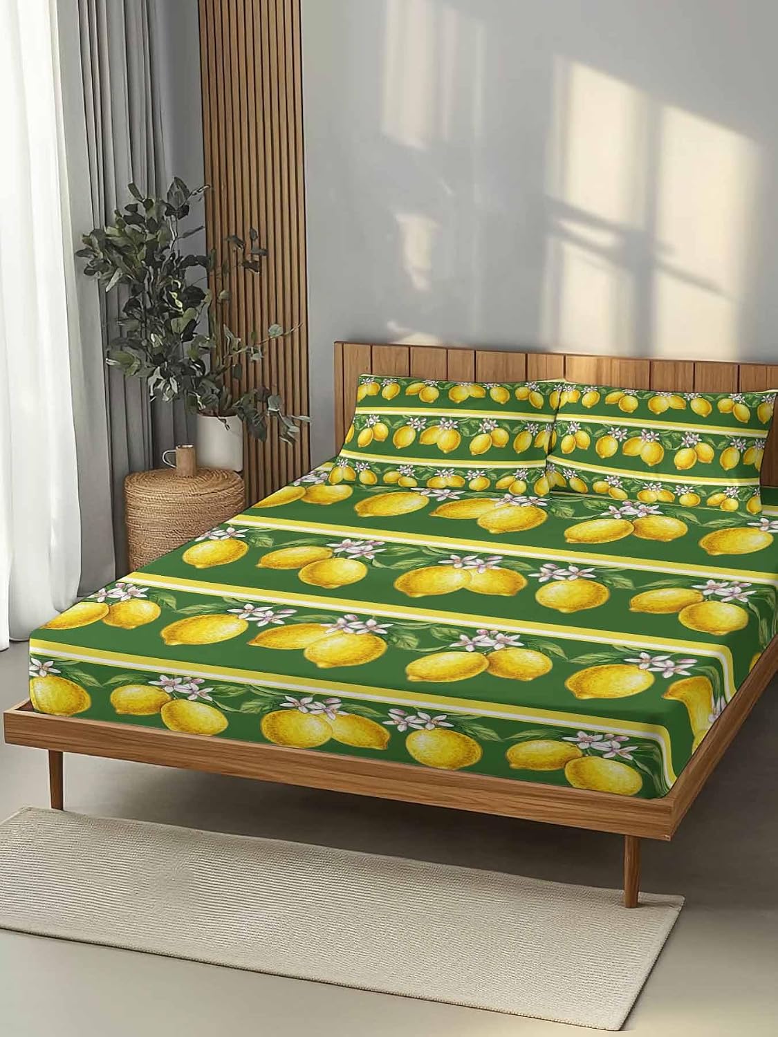 Twin XL Size Fitted Sheet Set - Lemon Summer 2 Piece Bedding Sets 16" Deep Pocket Fitted Sheet with 1 Pillowcases, Watercolor Fruits Green Yellow Stripes Brushed Microfiber Hotel Luxury Bed Sheets