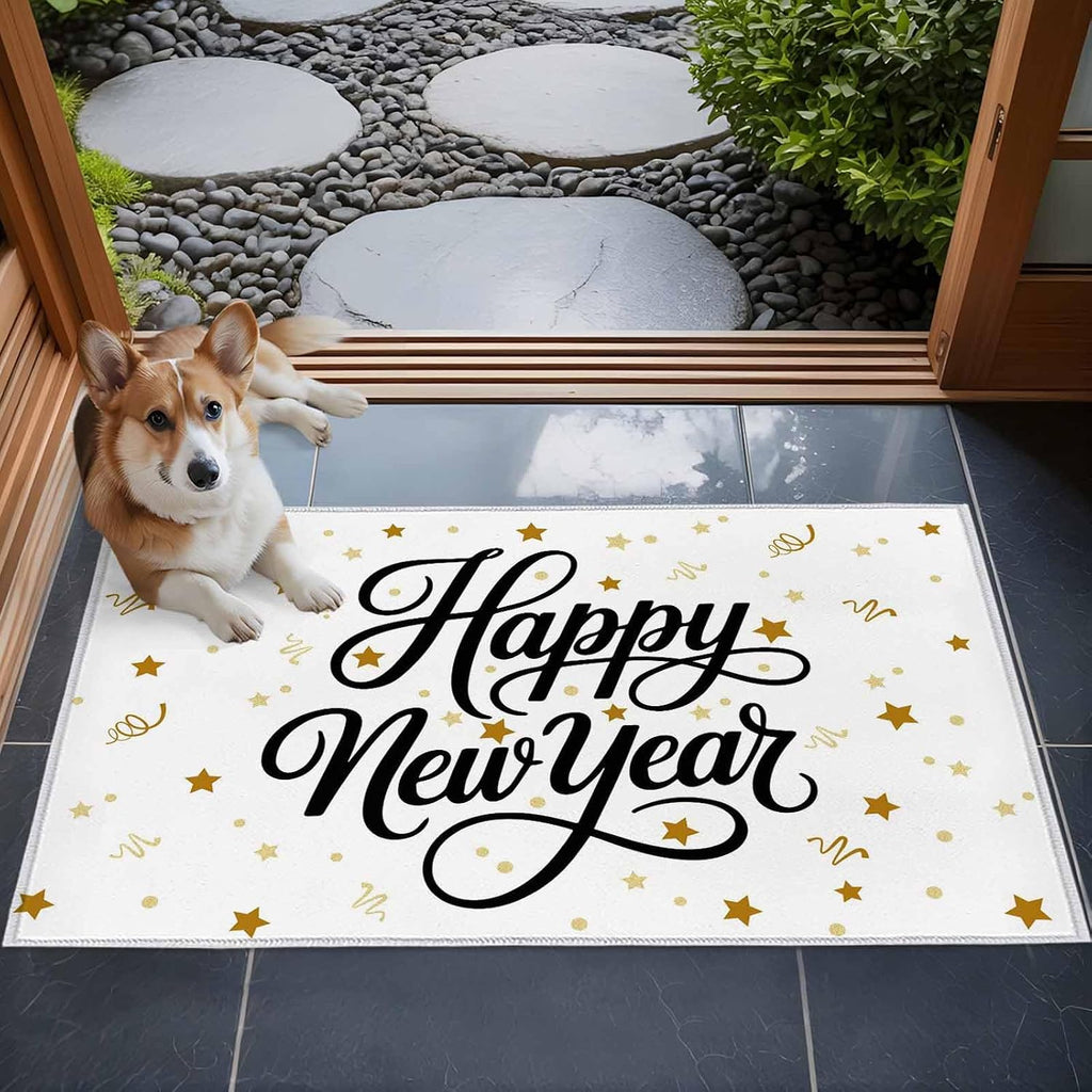 Happy New Years Kitchen Area Rugs 2x3ft, Winter Holiday Yellow Stars Ribbons Bathroom Living Room Rugs Felt Carpet Rubber Backing Non-Slip Rug for Entryway Bedroom Rectangle