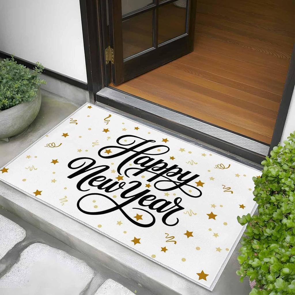 Happy New Years Kitchen Area Rugs 2x3ft, Winter Holiday Yellow Stars Ribbons Bathroom Living Room Rugs Felt Carpet Rubber Backing Non-Slip Rug for Entryway Bedroom Rectangle