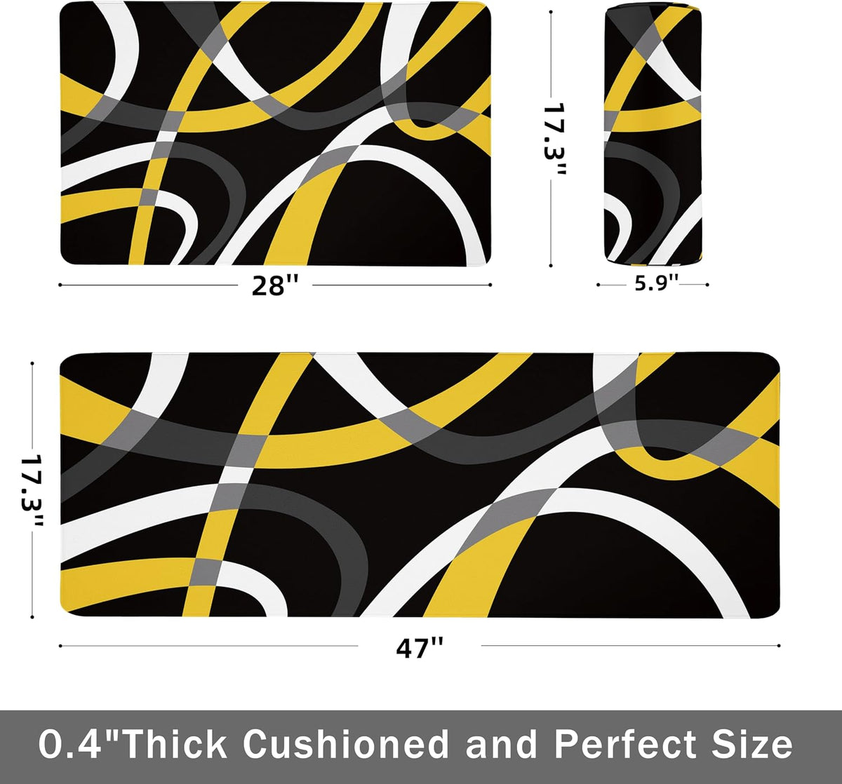 Kitchen Mats for Floor Modern Stripe kitchen rugs Black and Yellow Stripe Anti Fatigue Kitchen Mats Waterproof Floor Mats Cushioned Non-Skid Standing Mats for Kitchen, Set of 2,17.3 x 28+17.3 x 47