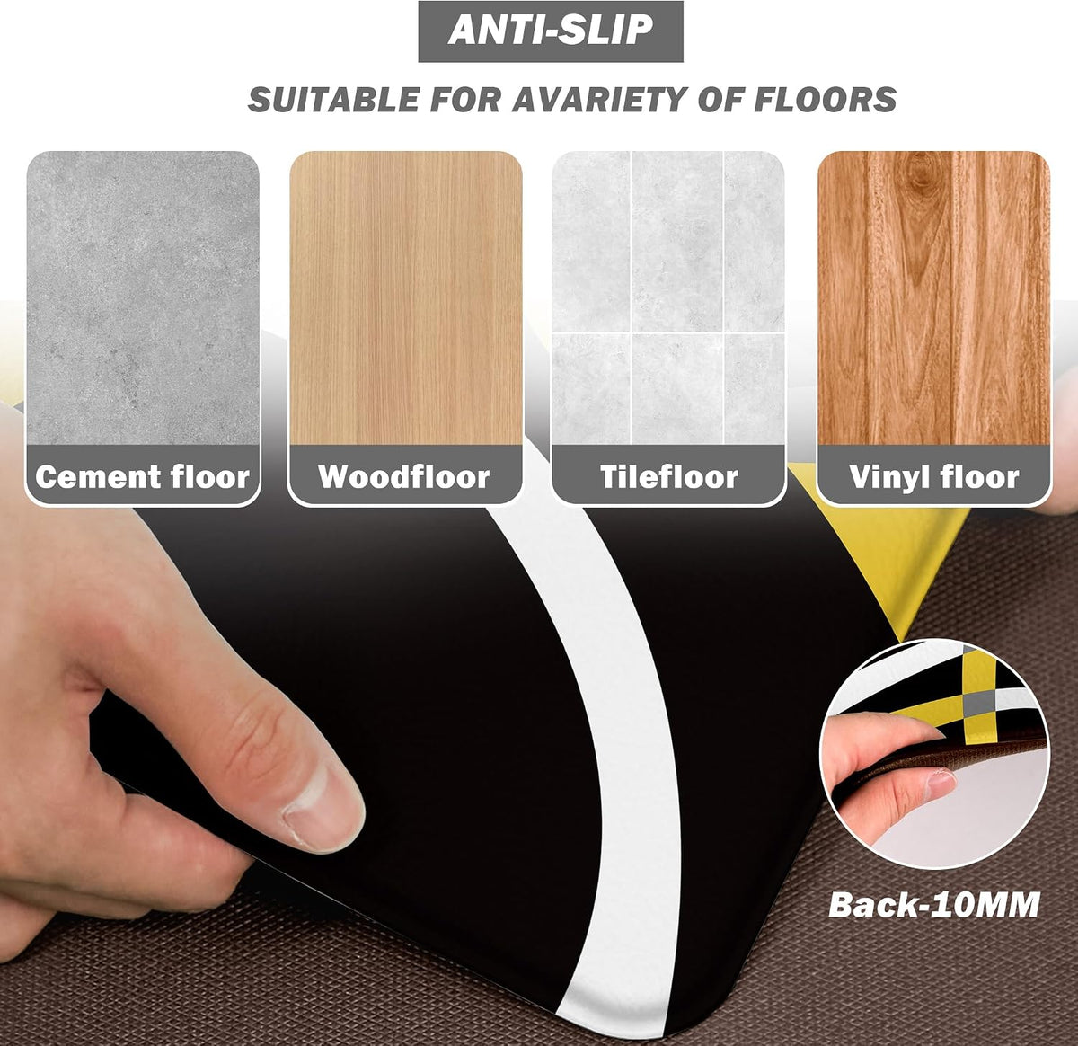 Kitchen Mats for Floor Modern Stripe kitchen rugs Black and Yellow Stripe Anti Fatigue Kitchen Mats Waterproof Floor Mats Cushioned Non-Skid Standing Mats for Kitchen, Set of 2,17.3 x 28+17.3 x 47
