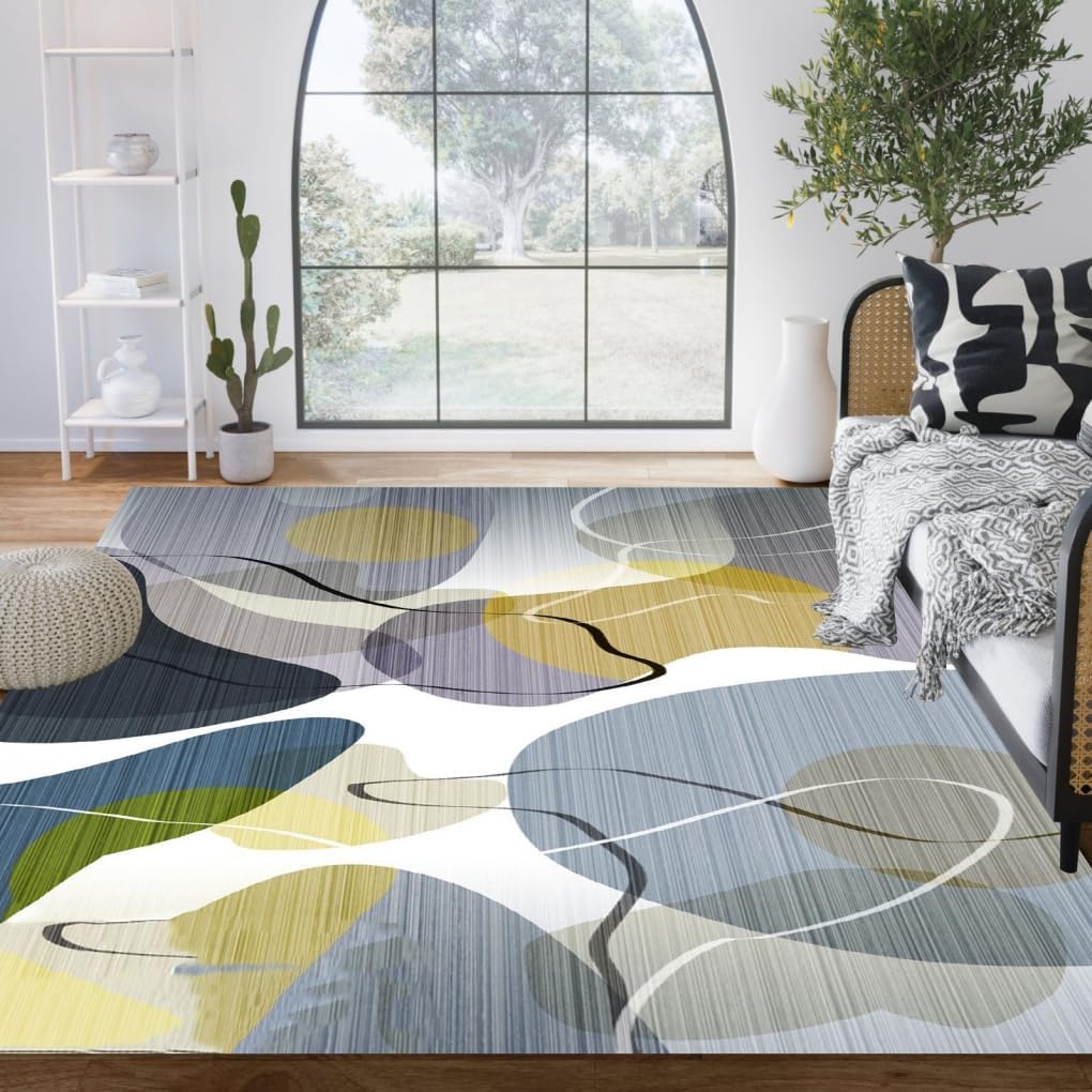 Yellow Grey Mid Century Modern Abstract Minimalist Area Rug for Living Room Bedroom Shag Fluffy Fuzzy Wool Boho Carpet Under Dining Room Coffee Table Luxury Art Deco Home Office Floor Rug 2x3