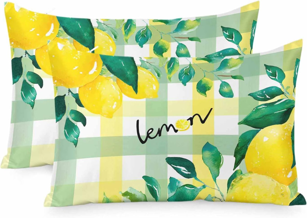 Summer Lemon Pillow Cases Standard Size Set of 2, Botanical Fruit Leaves Yellow Green Striped Satin Pillowcase with Zipper for Hair/Skin, Decorative Pillow Covers for Bed/Couch/Sofa, 20x26 Inches