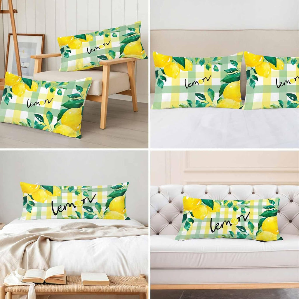 Summer Lemon Pillow Cases Standard Size Set of 2, Botanical Fruit Leaves Yellow Green Striped Satin Pillowcase with Zipper for Hair/Skin, Decorative Pillow Covers for Bed/Couch/Sofa, 20x26 Inches
