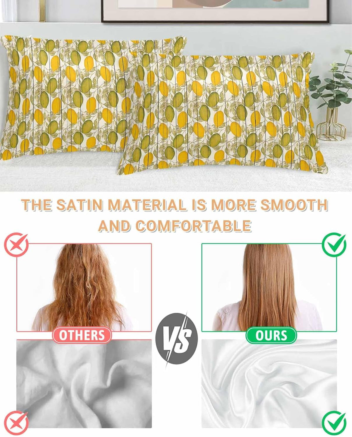 Floral Standard Pillowcase Set of 2, Yellow Green Lemon Leaves Branches Wood Grain Satin Pillow Case Cover with Smooth Hidden Zipper Closure, Soft Throw Pillow Covers Cases for Home Decor 20X26 Inch