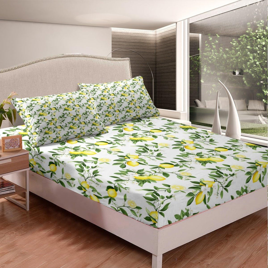 Lemon Bedding Set Twin,Flowers Summer Fruits Bottom Sheet for Kids Teens Adults Girls Room Decor,Green Leaves Plants Bed Cover Fresh Nature Yellow White 3pcs Fitted Sheet+Flat Sheet+1 Pillowcase