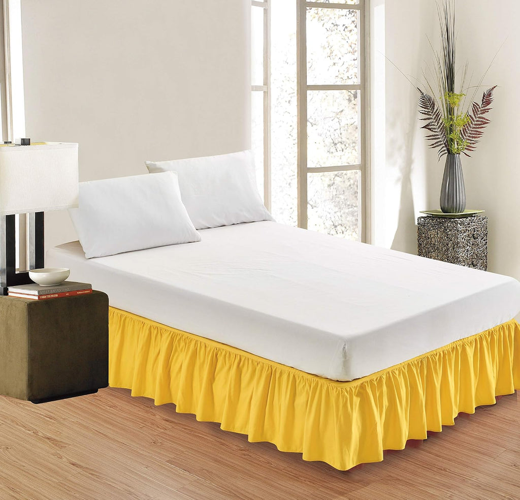 Sheets & Beyond Wrap Around Solid Microfiber Luxury Hotel Quality Fabric Bedroom Gathered Ruffled Bedding Bed Skirt 14 Inch Drop (Full, Yellow)