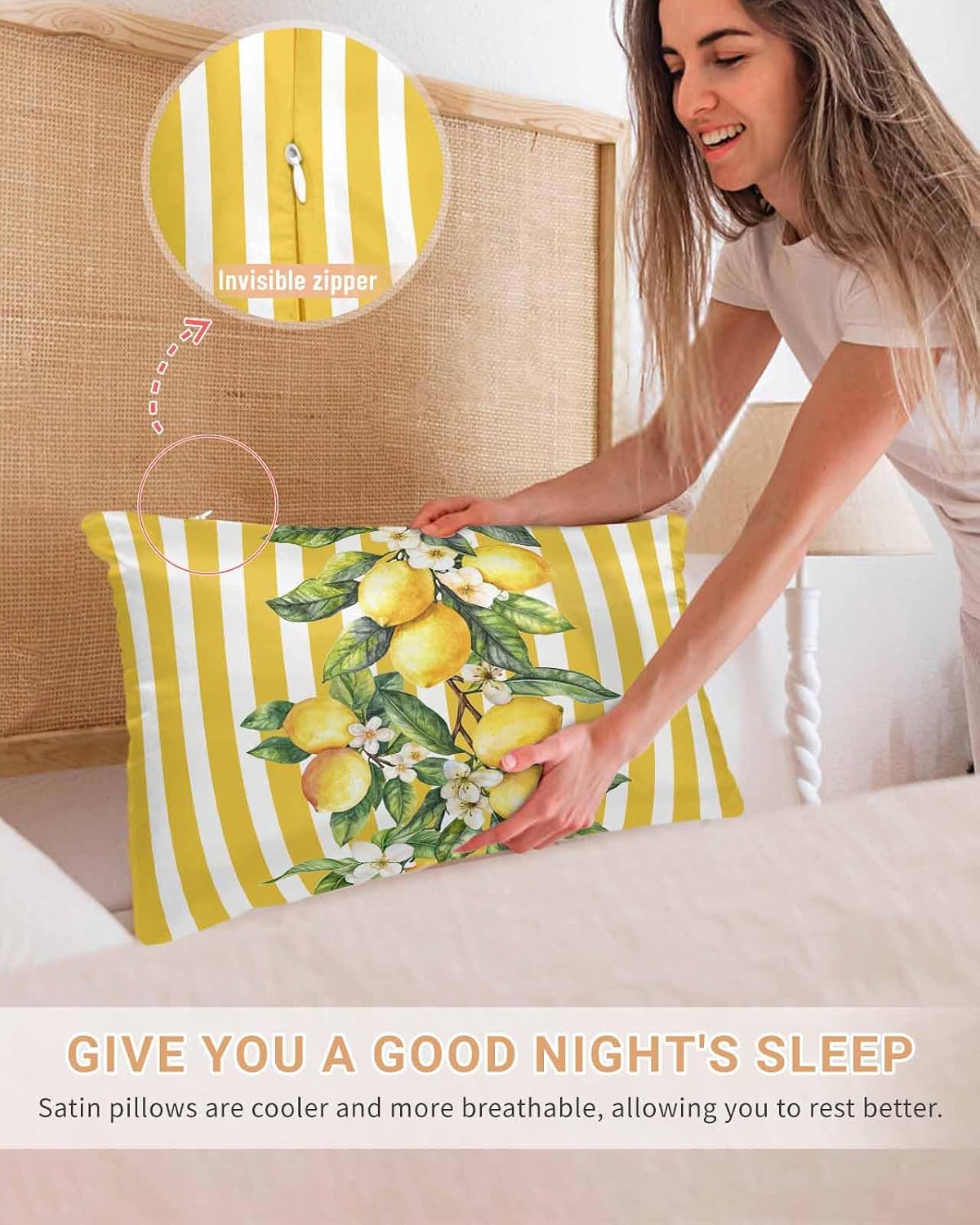 Satin Pillowcase for Hair and Skin Standard Size 2 Pack Yellow Lemon Stripes Satin Pillow Case Soft Breathable Cooling Silk Floral Fruit Leaves Pillowcases with Hidden Zipper Throw Pillow Covers 20x26