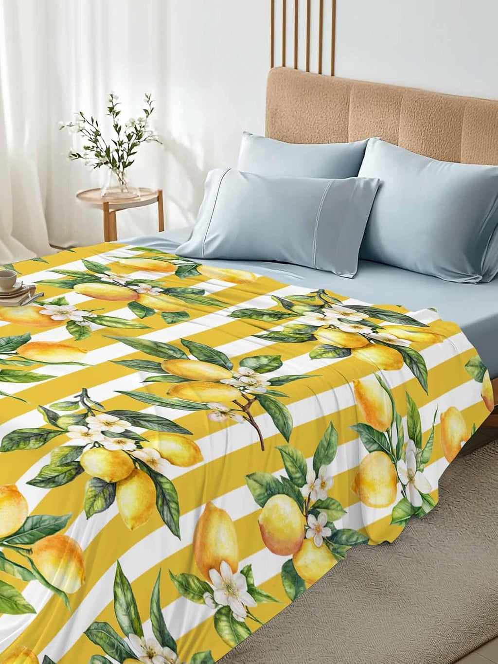 Bedding Flat Sheet - Hotel Quality Twin Top Sheet - Farm Lemon Fruit Yellow Stripe Soft Breathable Microfiber Fabric Bed Top Sheet 1 Flat Sheet Only,Watercolor Flower Green Leaves