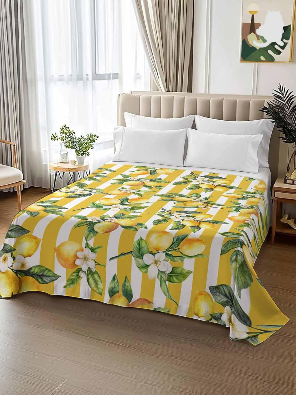 Bedding Flat Sheet - Hotel Quality Twin Top Sheet - Farm Lemon Fruit Yellow Stripe Soft Breathable Microfiber Fabric Bed Top Sheet 1 Flat Sheet Only,Watercolor Flower Green Leaves