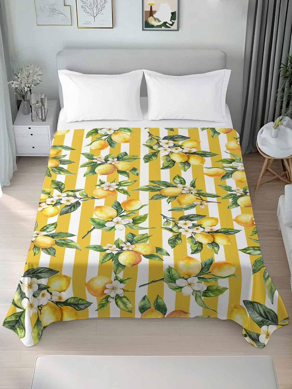 Bedding Flat Sheet - Hotel Quality Twin Top Sheet - Farm Lemon Fruit Yellow Stripe Soft Breathable Microfiber Fabric Bed Top Sheet 1 Flat Sheet Only,Watercolor Flower Green Leaves