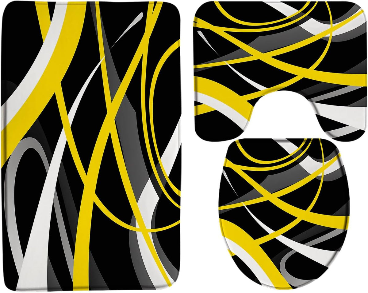 3 Piece Modern Geometric Bath Mat Set Yellow Black Gray White Abstract Boho Geometric Striped Mid Century Vintage Farmhouse 24x70 Inches Bathroom Rugs,Toilet Seat Cover,U-Shaped Floor Rug