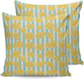 Yellow Lemon Teal Stripes Linen Background 2PCS Throw Pillow Covers for Couch Sofa Bed, Pillow Covers 18x18 inch, Standard Pillowcases Set Decorative Cushion Covers for Living Room Bedroom