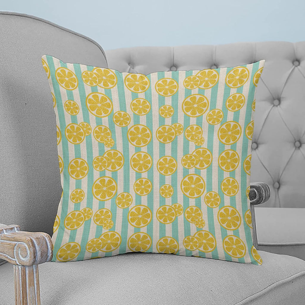 Yellow Lemon Teal Stripes Linen Background 2PCS Throw Pillow Covers for Couch Sofa Bed, Pillow Covers 18x18 inch, Standard Pillowcases Set Decorative Cushion Covers for Living Room Bedroom