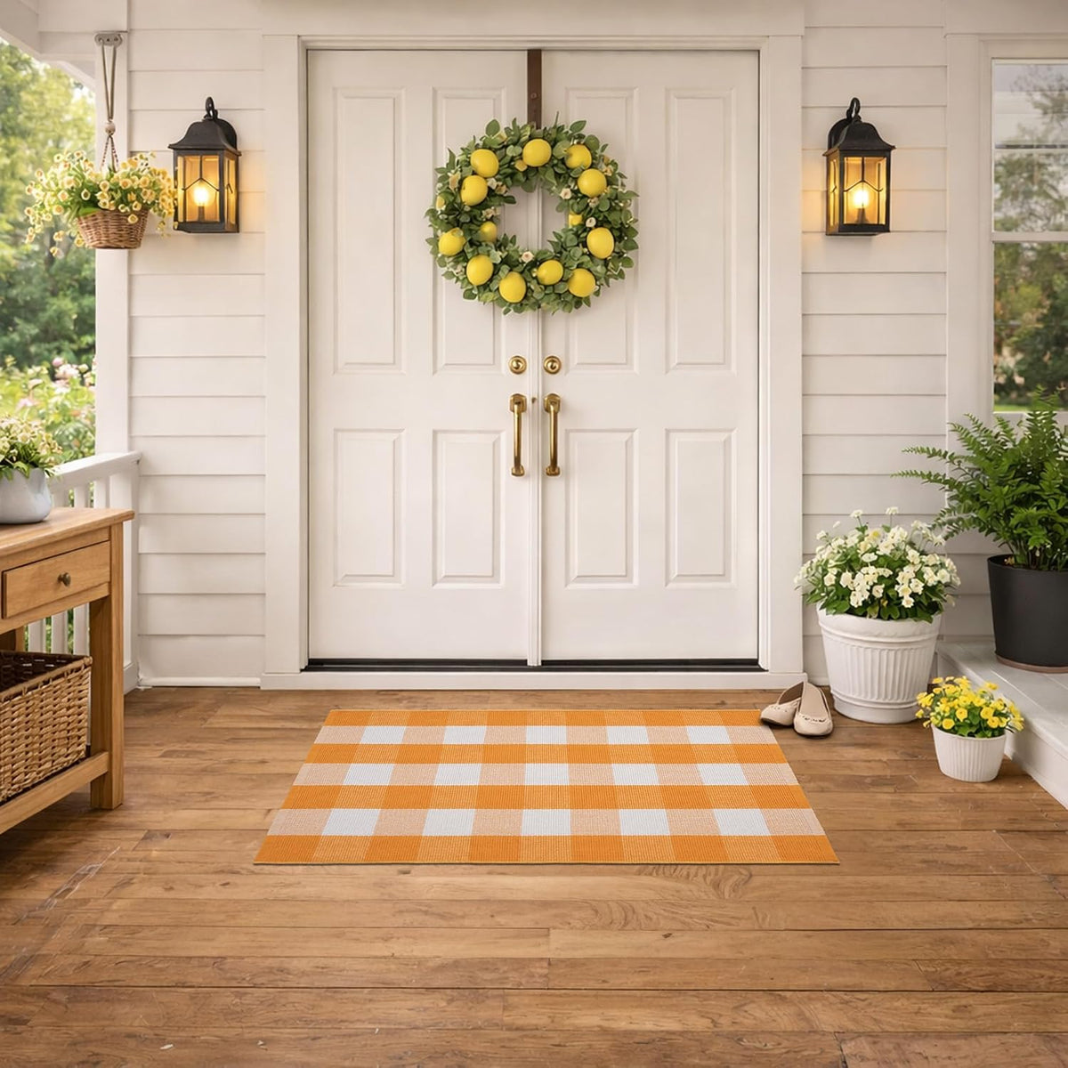 Spring Yellow and White Plaid Rug, 2'4" x 3'7" Cotton Blend Layered Doormat Rug for Front Door, Hand-Woven Washable Entryway & Porch Decor
