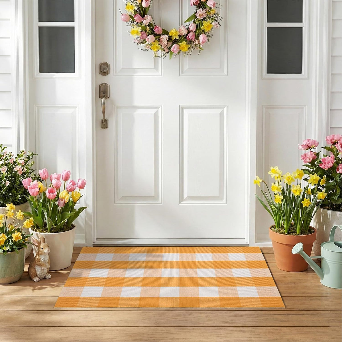 Spring Yellow and White Plaid Rug, 2'4" x 3'7" Cotton Blend Layered Doormat Rug for Front Door, Hand-Woven Washable Entryway & Porch Decor