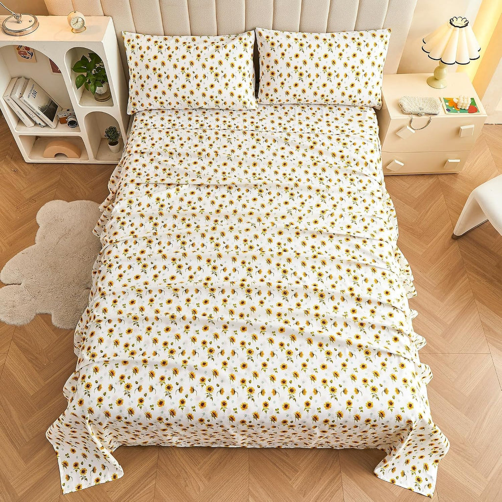 Floral Sheet Set Full, Sunflower Printed Bed Sheets Double, Brushed Microfiber Fitted Sheet with 15" Deep Pocket & Non-Slip Straps, Yellow Flower Pattern Sheet & Pillowcase Sets