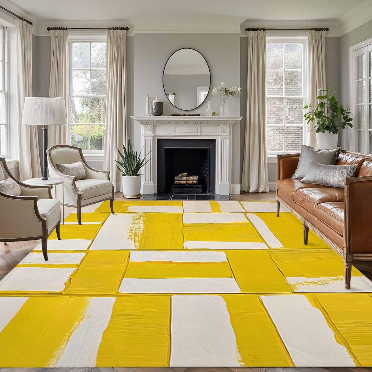 Abstract Art 5'x7' Area Rugs, Modernism Yellow Color Block Washable Area Rugs Non-Slip Indoor Floor Mats Carpet for Living Room Bedroom Dining Room