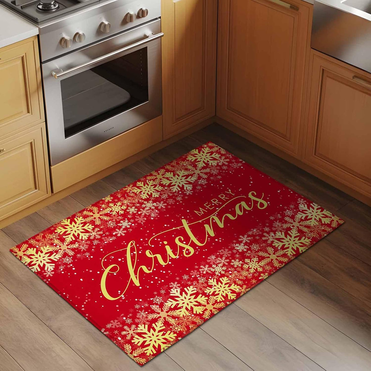 Merry Christmas 2x3 Area Rugs for Living Room, Winter Snowflakes Retro Yellow Red Non Slip Floor Mat Washable Low-Profile Indoor Carpet for Bedroom, Dining Room, Bathroom