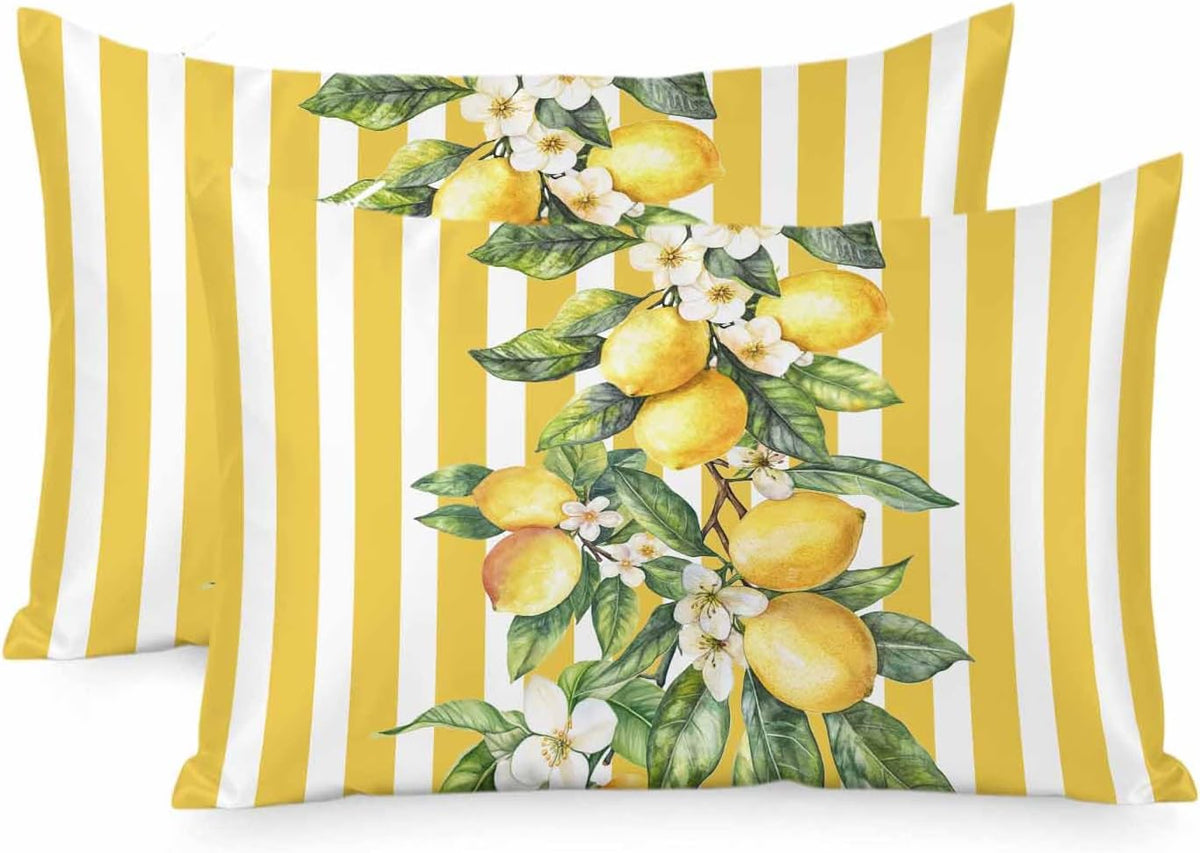 Yellow Lemon Floral Leaf King Standard Pillow Cases Set of 2, Vertical Stripe Satin Pillow Case Cover with Smooth Hidden Zipper Closure, Soft Throw Pillow Covers Cases for Home Decor 20X36 Inch