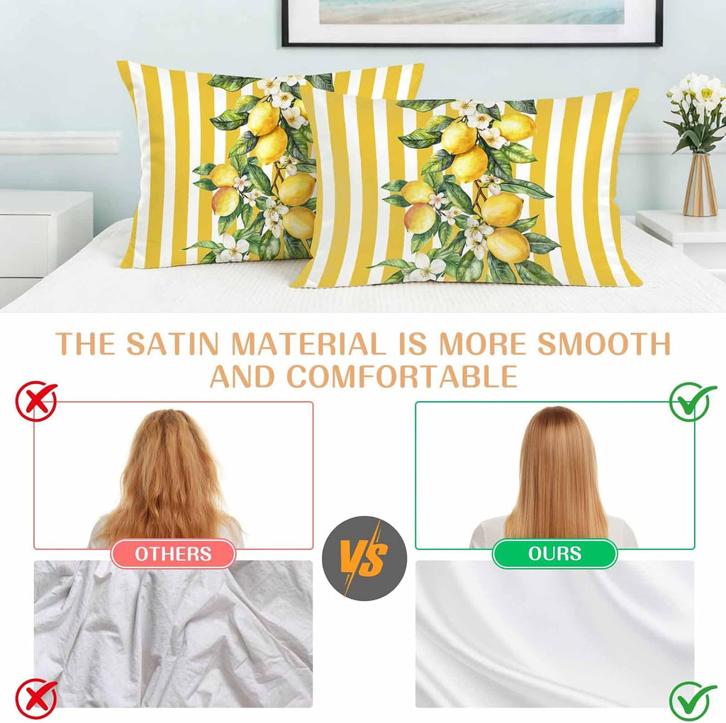Yellow Lemon Floral Leaf King Standard Pillow Cases Set of 2, Vertical Stripe Satin Pillow Case Cover with Smooth Hidden Zipper Closure, Soft Throw Pillow Covers Cases for Home Decor 20X36 Inch
