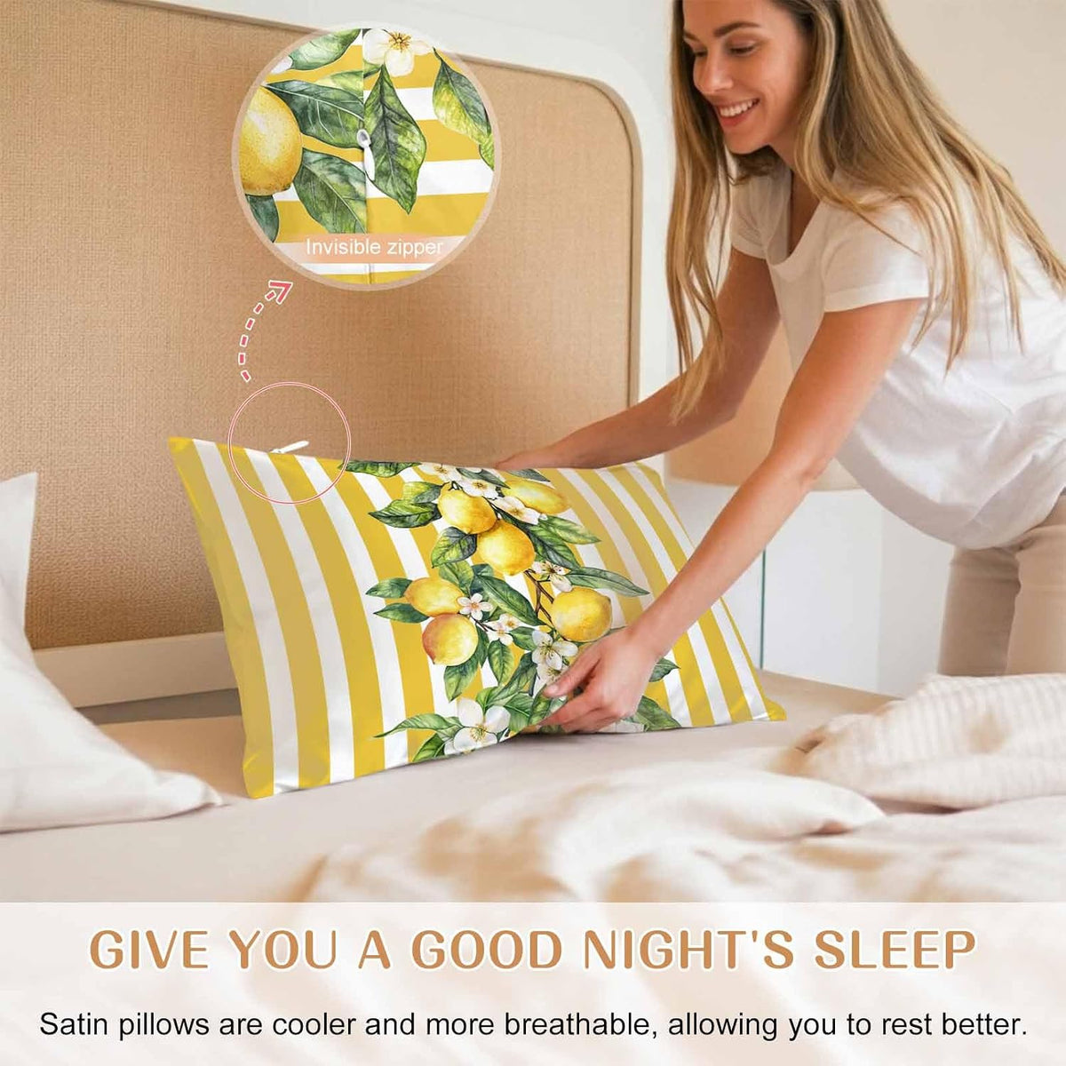 Yellow Lemon Floral Leaf King Standard Pillow Cases Set of 2, Vertical Stripe Satin Pillow Case Cover with Smooth Hidden Zipper Closure, Soft Throw Pillow Covers Cases for Home Decor 20X36 Inch